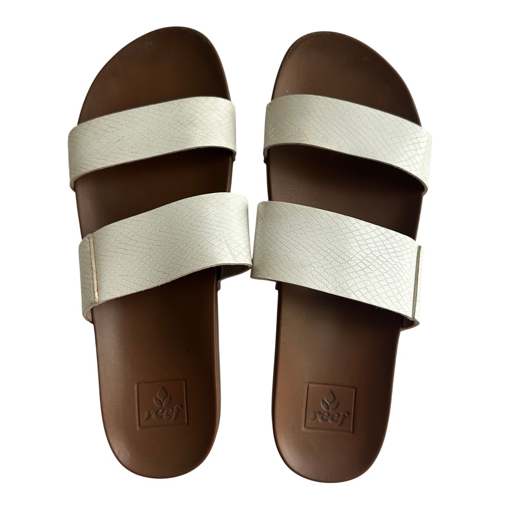 Reef Vista Womens White Snakeskin Dual Strap Slide Sandals Size 9 Brown Footbed